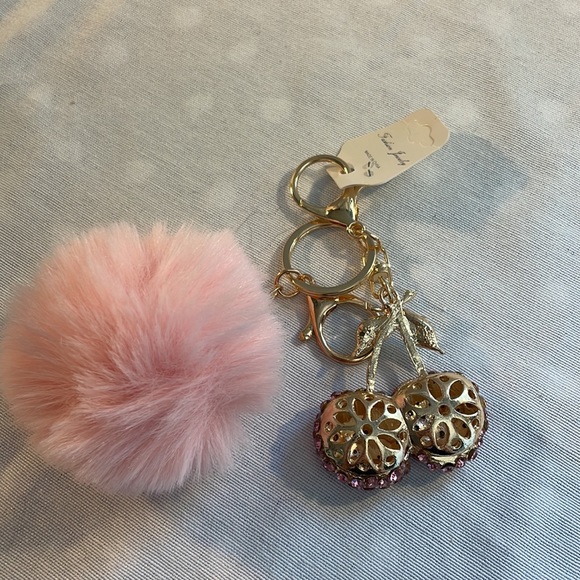 NEW PINK Pom with Rhinestone cherry charm luxury style keychain - Picture 6 of 6
